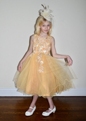 Beaded Golden Yellow Lace Tulle Curly Hem Flower Girl Dress